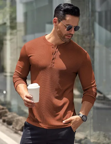 Vista 47 de COOFANDY Camisas Henley de manga larga para hombre, camisetas elásticas acanaladas, camisetas básicas casuales de moda