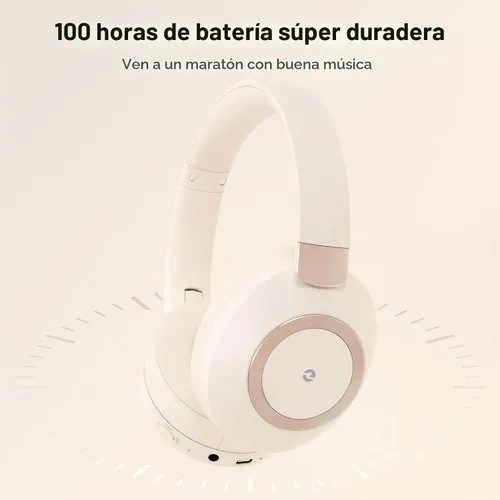 Vista 3 de Audífonos con cancelación activa de ruido, 100 horas de reproducción, auriculares Bluetooth inalámbricos, auriculares Bluetooth con micrófono Beige