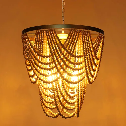 Vista 2 de Candelabro de madera bohemia con cuentas de 6 luces para comedor, lámpara colgante costera para dormitorio, lámparas modernas de granja