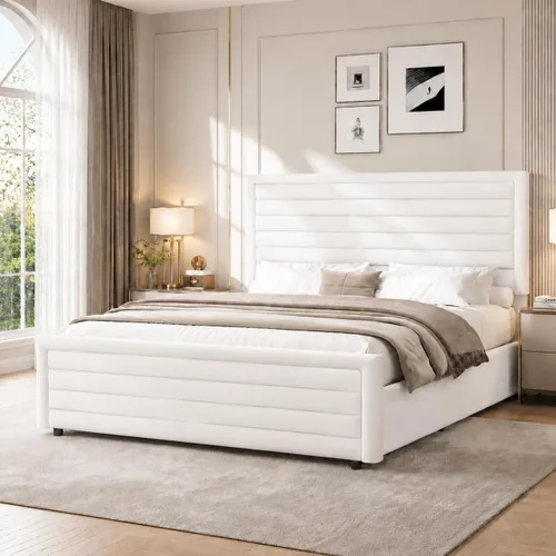 Vista 8 de REVOMINCA Armazón de cama tamaño completo (Full Size), plataforma tapizada con cabecera y pie de cama de terciopelo, base de colchón con listones