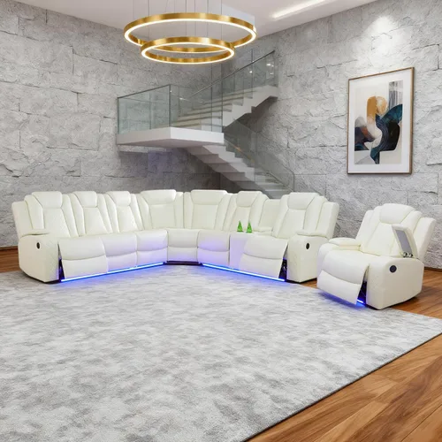 Vista 8 de Juego de sofá modular reclinable eléctrico para sala de estar, juego de sofá reclinable de cuero con luces LED / almacenamiento oculto, sofá