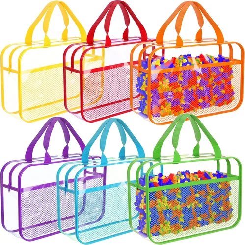 Vista 9 de Juego de 4 bolsas de almacenamiento de juguetes con cremallera para niños y niñas, bolsas organizadoras grandes de PVC con bolsillos laterales