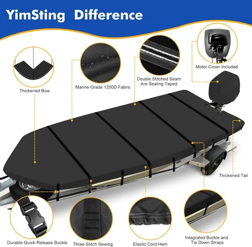 Vista 7 de 1200D Cubierta para bote Jon, tecnología impermeable compuesta con cubierta anti-UV para remolque, amarre, almacenamiento, apta para bote Jon de 16