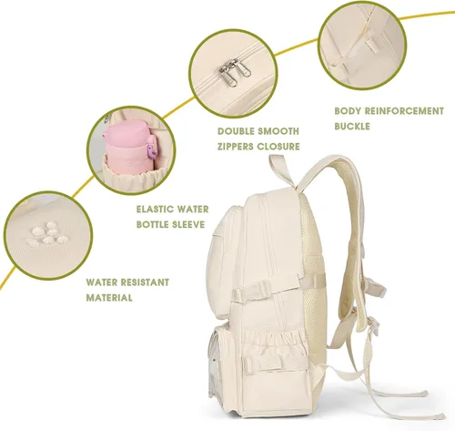 Vista 7 de Mochila Kawaii para niñas, bonita mochila estética para la escuela, mochila Kawaii con accesorios y colgante, Beige, Mochilas Tradicionales