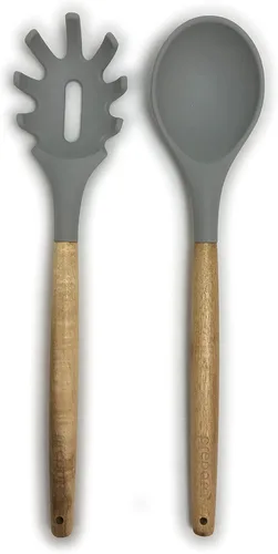 Vista 14 de Prepara Juego de 2 cucharones de sopa y cuchara ranurada de acacia y silicona, color verde espuma de mar