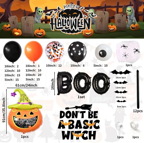 Vista 2 de Kit de Guirnalda de Arco de Globos de Halloween, 126 Piezas, Globos Negros y Naranjas con Globos de Calabaza BOO, Murciélagos de Aluminio, Globos