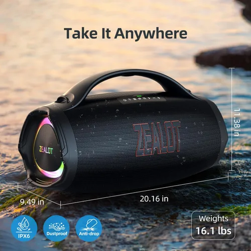 Vista 5 de ZEALOT Altavoz Bluetooth con subwoofer, altavoz inalámbrico fuerte con graves masivos, altavoces estéreo fuerte, 160 W RMS/200 W pico, IPX6
