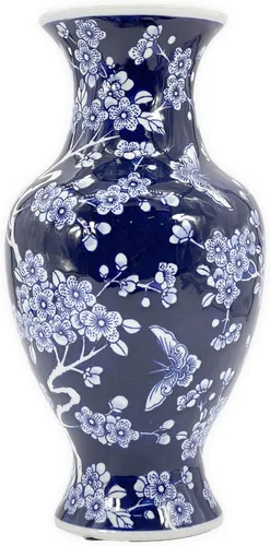Vista 7 de Galt International Jarrón de Cerámica Floral de Grulla Chinoiserie Blanco y Azul de 14" - Jarrón Antiguo Pintado a Mano de Porcelana Estilo Chino