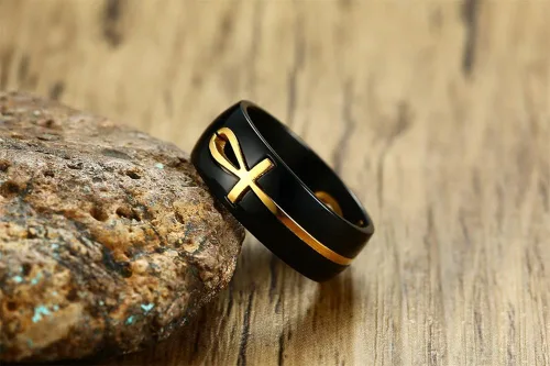 Vista 4 de XUANPAI Anillos Eye of Horus para hombres y mujeres, joyería egipcia pulida de acero inoxidable, joyería egipcia de moda, diseño de Ankh, joyería