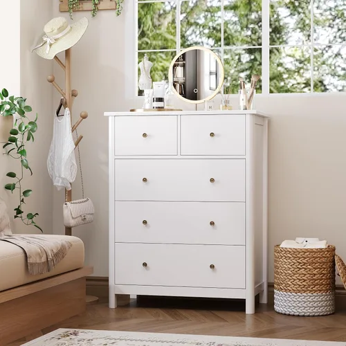 Vista 5 de HOUSUIT Cómoda blanca con 5 cajones, cómoda alta, cómoda de 5 cajones con espacio profundo, armario de almacenamiento de madera para sala de estar
