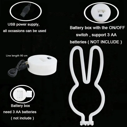 Vista 8 de BAILEY Letrero de neón de orejas de conejo, luces LED de conejo de Pascua con base con soporte, USB o 3 pilas AA, luz de neón alimentada por batería