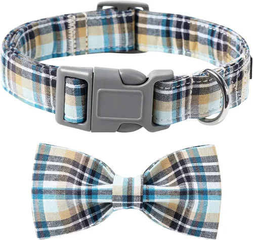 Vista 10 de Lionet Paws Collar para perro y gato con corbata de moño, hebilla de plástico ajustable, collar de cuadrícula para perros pequeños, medianos