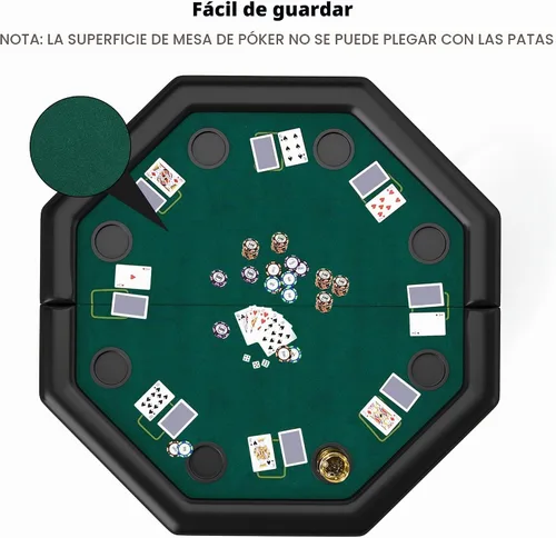 Vista 4 de Mesa de póquer plegable, mesa de cartas octágono con soporte para tazas, mesa de ocio de casino, mesa de póquer Texas Hold 'Em plegable para juego