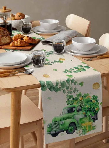 Vista 3 de Camino de mesa de algodón con trébol de la suerte, día de San Patricio, diseño retro de tréboles, hojas de eucalipto, mantel de hojas de eucalipto