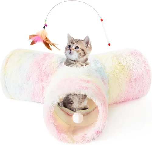 Vista 25 de Tempcore Túnel para gatos con tubo de juguete, túneles plegables de 3 vías para gatos, túneles para mascotas aburridas con agujero y pelota, juguete