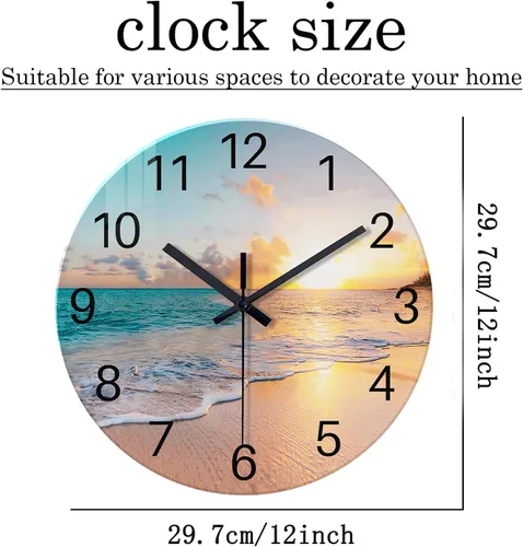 Vista 5 de Reloj de pared de playa con pilas, reloj de pared de vidrio de 12 pulgadas, analógico, sin tictac, relojes de pared azules para dormitorio, sala