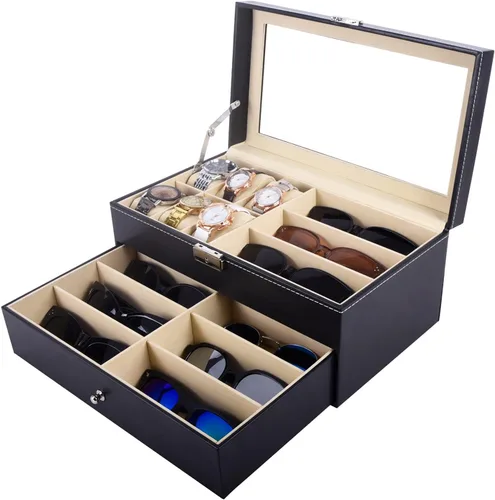 Vista 7 de Autoark Caja de joyería de cuero para 6 relojes y 9 piezas de almacenamiento para lentes y lentes de sol organizador de caja con bloqueo negro AW-048
