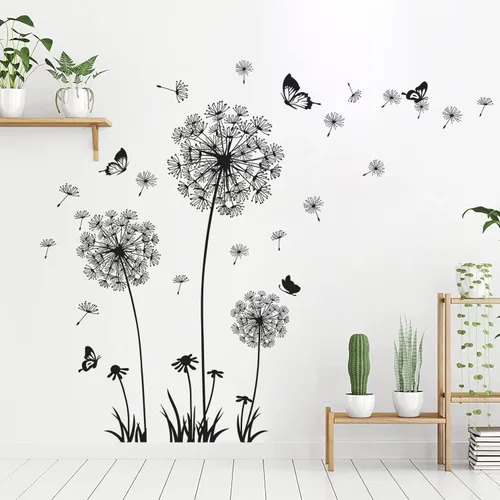 Vista 8 de Calcomanías de pared de diente de león, removibles, calcomanías de pared de flores para despegar y pegar, murales de mariposas florales, decoración