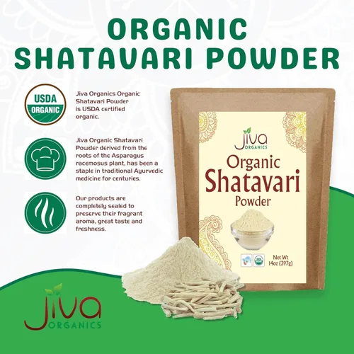 Vista 2 de Jiva Organics Shatavari Orgánico Polvo Bolsa a Granel de 14 onzas – Espárragos racemosus – Hierba Ayurvédica Pura