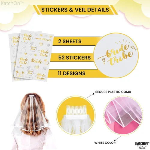 Vista 4 de KatchOn, Decoraciones doradas para despedida de soltera, paquete de 5, accesorios para novia, banda para la novia y tatuajes de novia, velo de boda