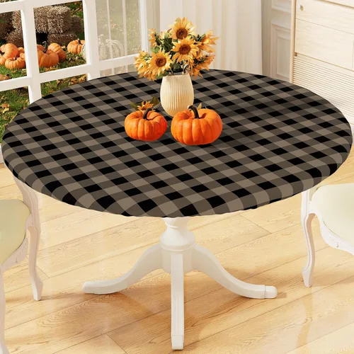 Vista 10 de misaya Mantel redondo ajustable con borde elástico, mantel de vinilo impermeable a cuadros de búfalo con parte trasera de franela para mesas Cuadros