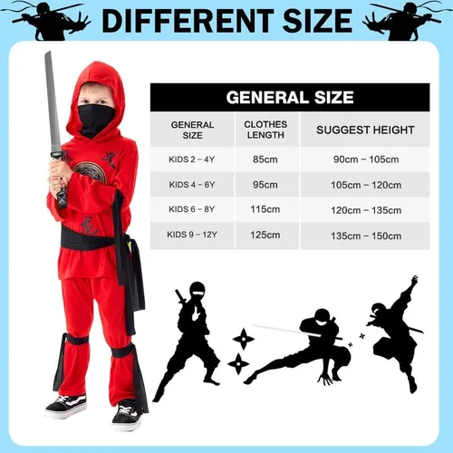 Vista 2 de Disfraz de ninja rojo de lujo con espada ninja de arma, capucha y pantalón para niños, cosplay de Halloween
