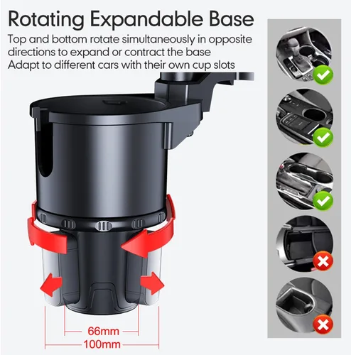 Vista 3 de Bandeja para portavasos para automóvil, bandeja de comida desmontable ajustable 4 en 1 con base sólida y ranura para teléfono, expansor