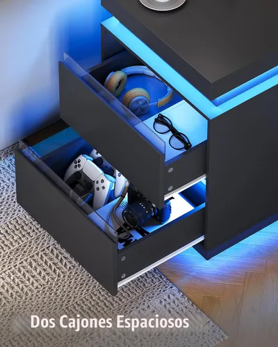 Vista 6 de WLIVE Mesita de noche negra con estación de carga y luces LED, mesita de noche con 2 cajones de madera y parte superior deslizante, mesa auxiliar