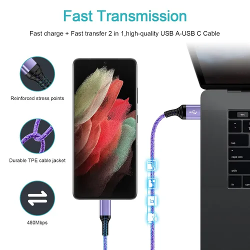 Vista 6 de Cable USB C S25 Ultra Samsung [2 unidades, 3 pies] USB A a USB C Cable de carga Fast Charging Cord Type C Compatible with Galaxy S26 Ultra S25 FE