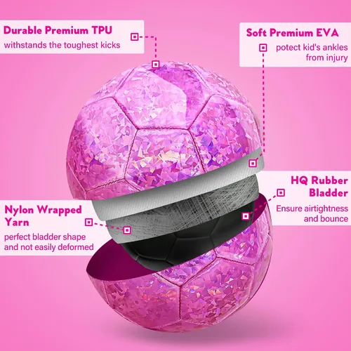 Vista 4 de Pelota de fútbol tamaño 4 con purpurina rosa - Pelota de fútbol para niños de 4-6, 6-8, 8-12 años, para deportes al aire libre, entrenamiento