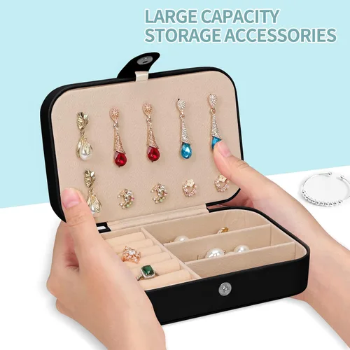 Vista 5 de Joyero organizador, 2 capas de poliuretano organizador de joyas de viaje, caja de joyería portátil para niñas y mujeres, caja de almacenamiento
