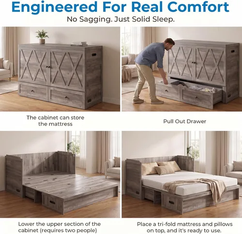 Vista 3 de Mjkone Murphy Bed Queen Size, Cabinet Bed with Built-in USB Charging Station & Storage Drawers, Hidden Queen Murphy Wall Beds Cabinet Beds No
