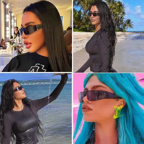 Vista 6 de Crazy Feng Gafas de sol envolventes futuristas sin montura para mujeres y hombres, gafas de sol Cyberpunk con visera