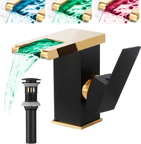 Vista 10 de Grifo de baño con luz LED RGB, boquilla de cascada, color negro, 3 colores cambiantes, mango de un agujero, conjunto de drenaje a juego