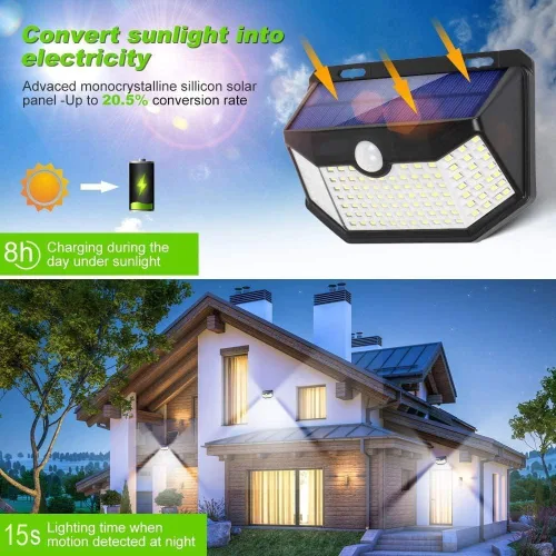 Vista 2 de HMCITY Luces solares para exteriores, 120 LED con 3 modos de iluminación, luces de pared con sensor de movimiento, IP65, impermeable, alimentadas