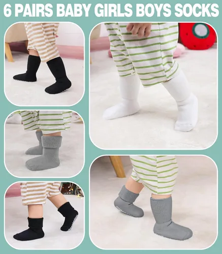 Vista 2 de MQELONG Calcetines tobilleros antideslizantes para bebé, con calcetines antideslizantes para bebés, niños y niñas, 6 pares