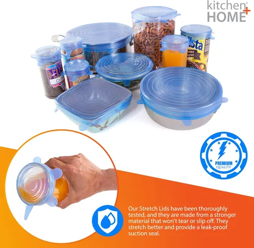 Vista 2 de Kitchen + Home - Juego de 10 tapas elásticas de silicona para guardar alimentos, sin BPA, aptas para lavavajillas, microondas, horno y congelador