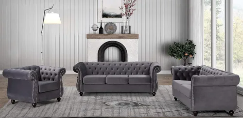 Vista 5 de Container Furniture Direct Feinstein - Sofá de terciopelo moderno Chesterfield para sala de estar con cabezas de clavos, acolchado de diamante
