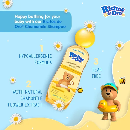 Vista 5 de Ricitos de Oro Shampoo para bebé, Limpiador, Acondicionador y Aclarante con Extractos de Manzanilla, Aclara y Acondiciona, Libre de Parabenos