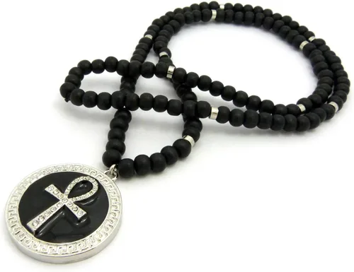 Vista 6 de Pave Ronda de Ankh egipcio colgante 8mm 36" Wooden Bead Collar Plata Tono Negro