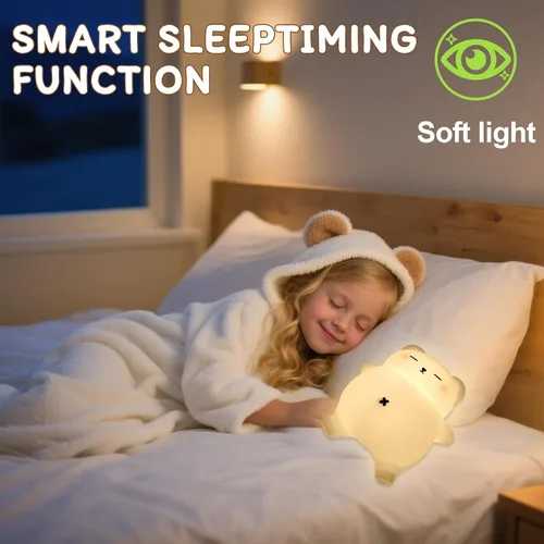 Vista 6 de Luz nocturna de oso para guardería, lámpara de noche de bebé recargable de silicona suave con atenuación de 3 niveles, control táctil, temporizador