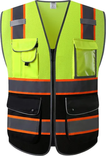 Vista 8 de JKSafety Chaleco de seguridad frontal con cremallera de alta visibilidad Clase 2 de 9 bolsillos con tiras reflectantes, cumple con las normas