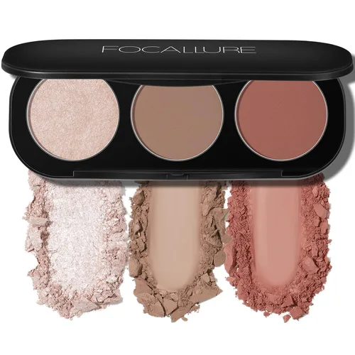 Vista 11 de FOCALLURE Paleta de rubor e iluminador, polvo de maquillaje 3 en 1, rubor mate libre de crueldad, iluminadores brillantes para un aspecto brillante