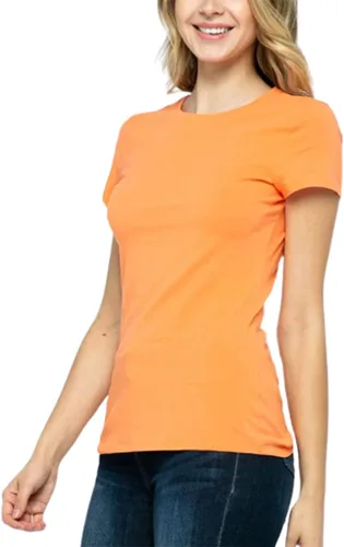 Vista 3 de Camiseta de manga corta para mujer, cuello redondo, ajustada, lisa, básica, elástica, casual