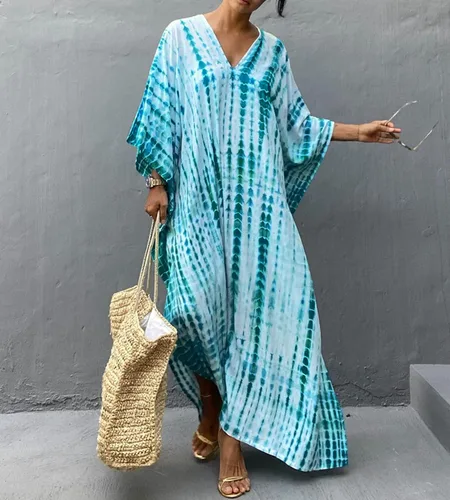 Vista 2 de RanRui - Vestido tipo caftán para mujer, de talla extragrande, con estampado de rayas, teñido anudado, cuello en V, holgado y suave
