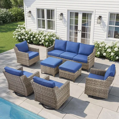 Vista 19 de Belord Sofá de patio exterior acolchado de 3 asientos de lujo de 6 pulgadas Cojín de mimbre marrón/beige de 6 pulgadas