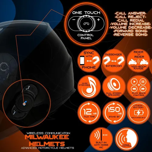 Vista 4 de Milwaukee Helmets H510 Casco de motocicleta de cara completa 'Chit-Chat' negro brillante con intercomunicador, altavoz y micrófono integrados