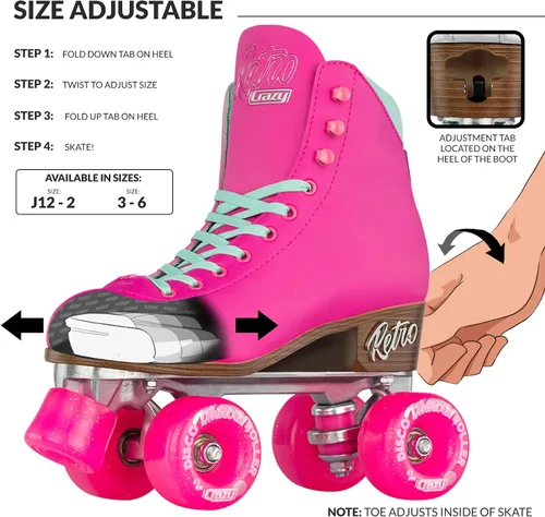 Vista 3 de Crazy Skates Retro Roller Skates Adjustable or Fixed Sizes Classic Quad Skates for Men, Women and Girls Rosa (ajustable)