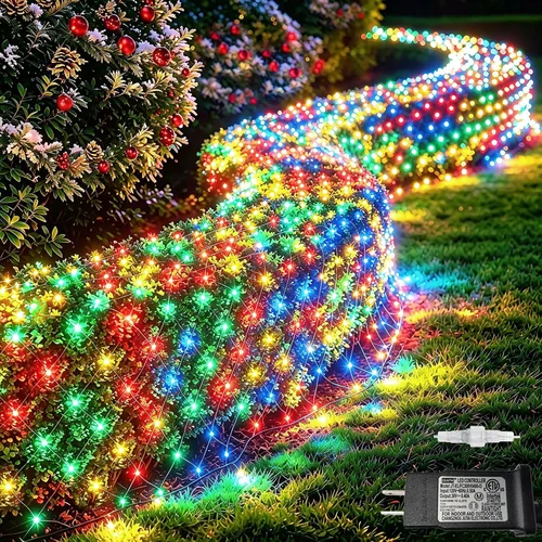 Vista 18 de Pooqla Luces de red solar, 10 x 10 pies, 280 luces LED de red para cenador al aire libre con 8 modos, funciona con energía solar y USB, impermeable