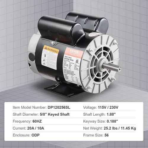 Vista 9 de VEVOR Motor Eléctrico de Compresor de Aire de 2 HP, 115/230V, 20/10 Amperios, Marco 56 3450 RPM, Eje Claveado de 5/8 Pulgadas, Longitud de Eje